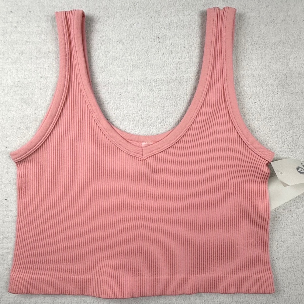 Mono B Womens Ribbed V-Neck Cropped Tank Top Pink AT-A08158NP 2XL NWT